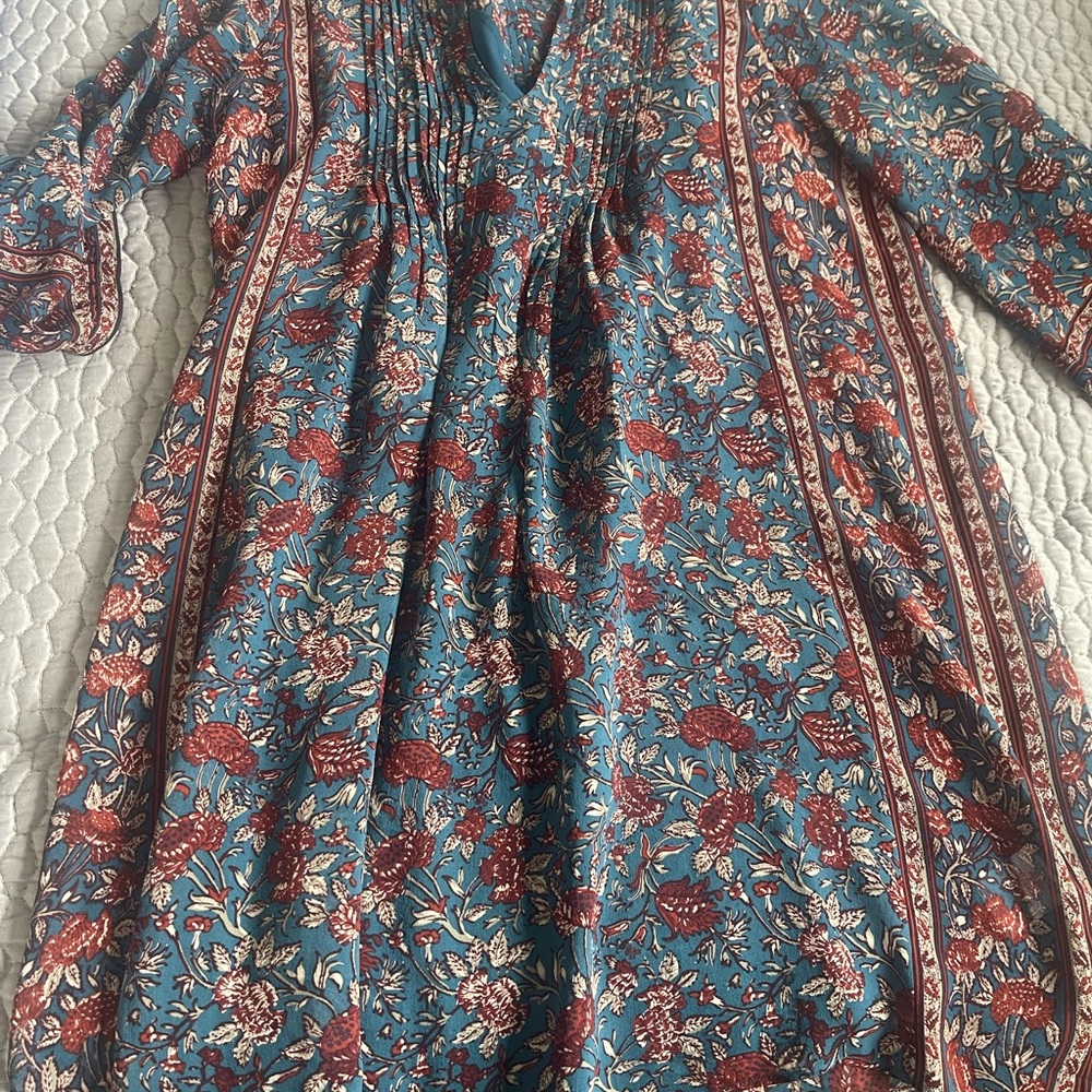 Joie Blue and Red Pleated Sundress with Bishop Sleeves
